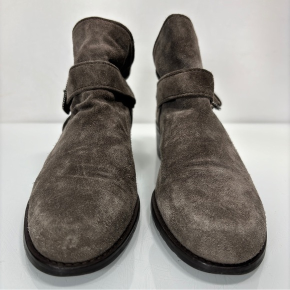 Stuart Weitzman Gray Tan Suede Buckle Strap Accent Desert Booties Size 8 - Picture 3 of 11